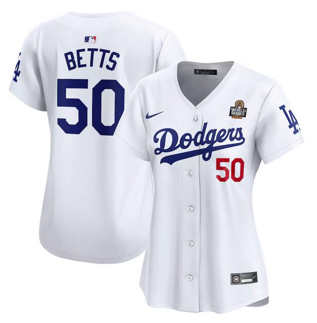 Women's Los Angeles Dodgers #50 Mookie Betts White 2024 World Series Home Limited Stitched Baseball Jersey(Run Small) Women's Los Angeles Dodgers #50 Mookie Betts White 2024 World Series Home Limited Stitched Baseball Jersey(Run Small)